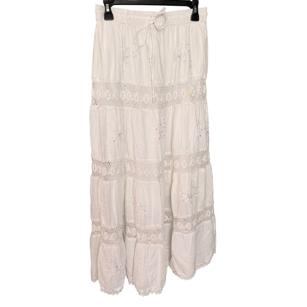 California Woman Boho Crochet Lace Maxi Skirt White Floral Sequin Size XL
